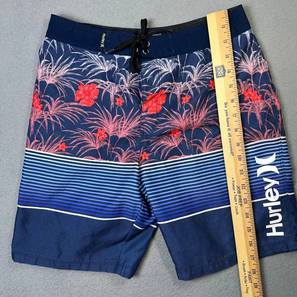 Hurley Boys Board Shorts Tropical Floral Striped Swim Trunks Size 14/27 Blue Red